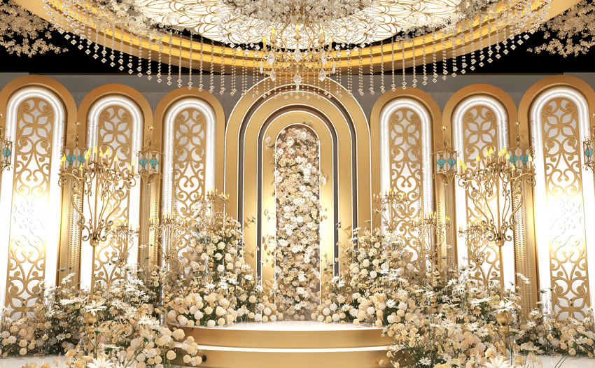 梁山香槟色调婚礼堂效果展示